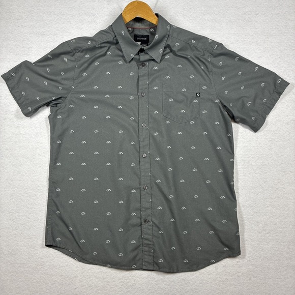 Marmot Other - Marmot Gray Short Sleeve Button Up Shirt AOP Tent Print Camping Hike Men's Large